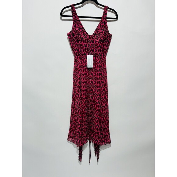 NWT$5,425 Versace Runway SS23 Plisse Dress All Over Logo Red Black IT 38/US 2 - Picture 4 of 16